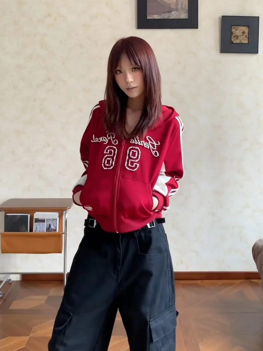 

Ретро-американская цветная полосатая толстовка с капюшоном и длинными рукавами для женщин, весенне-осенняя новинка, универсальная верхняя одежда на молнии с открытым передом