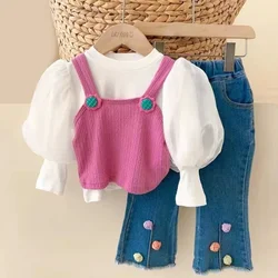 Girls' Clothing Spring and Autumn New Girls' Set Cute White Tops + Knit Tank + Fashion Jeans Three Piece Set Girls Clothes Sets