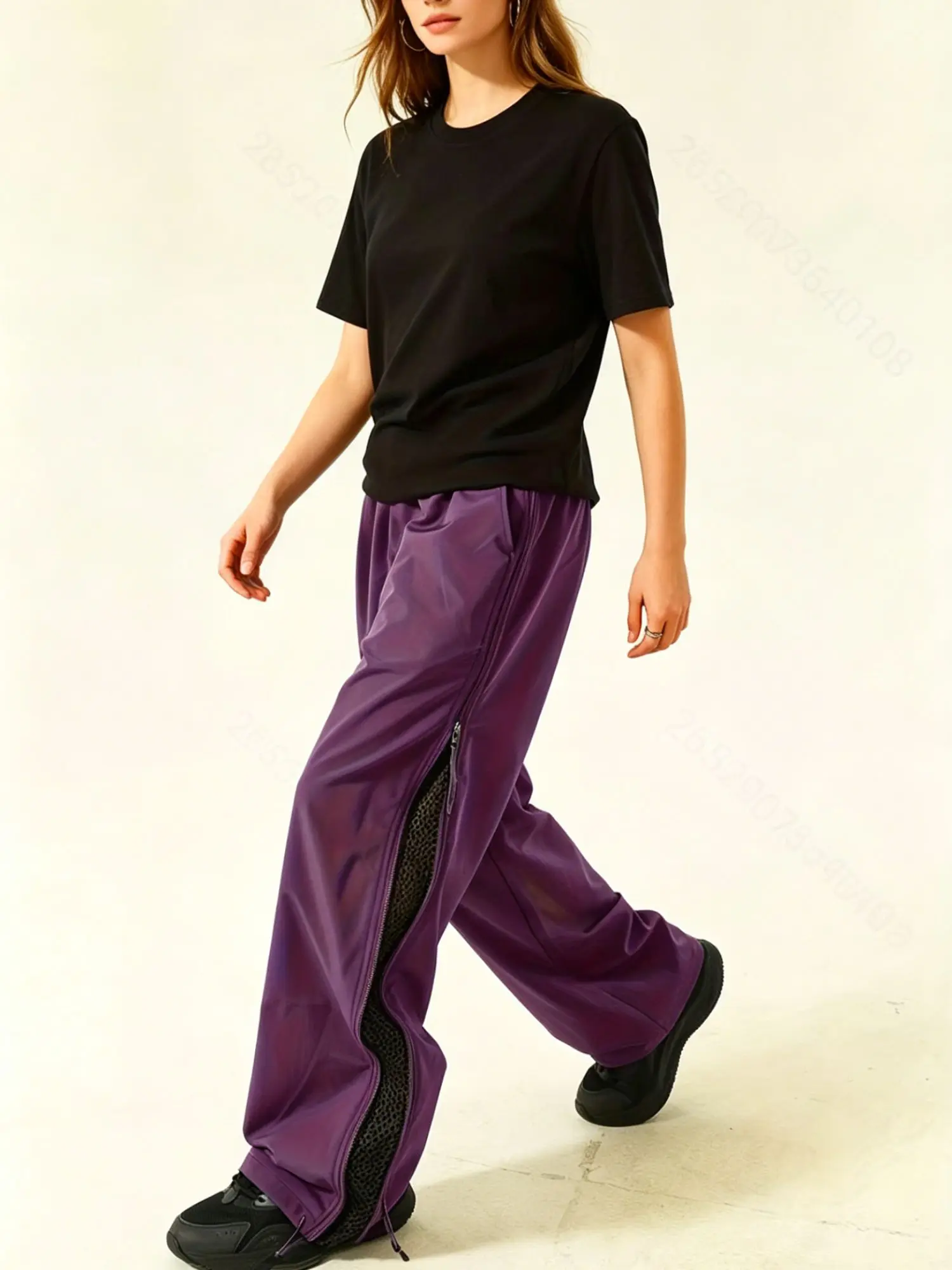 Women's Summer Thin Pants Elastic Waist Drawstring Adjustable Zipper Slit Design Breathable Mesh Sports Outdoor Fashion Trousers