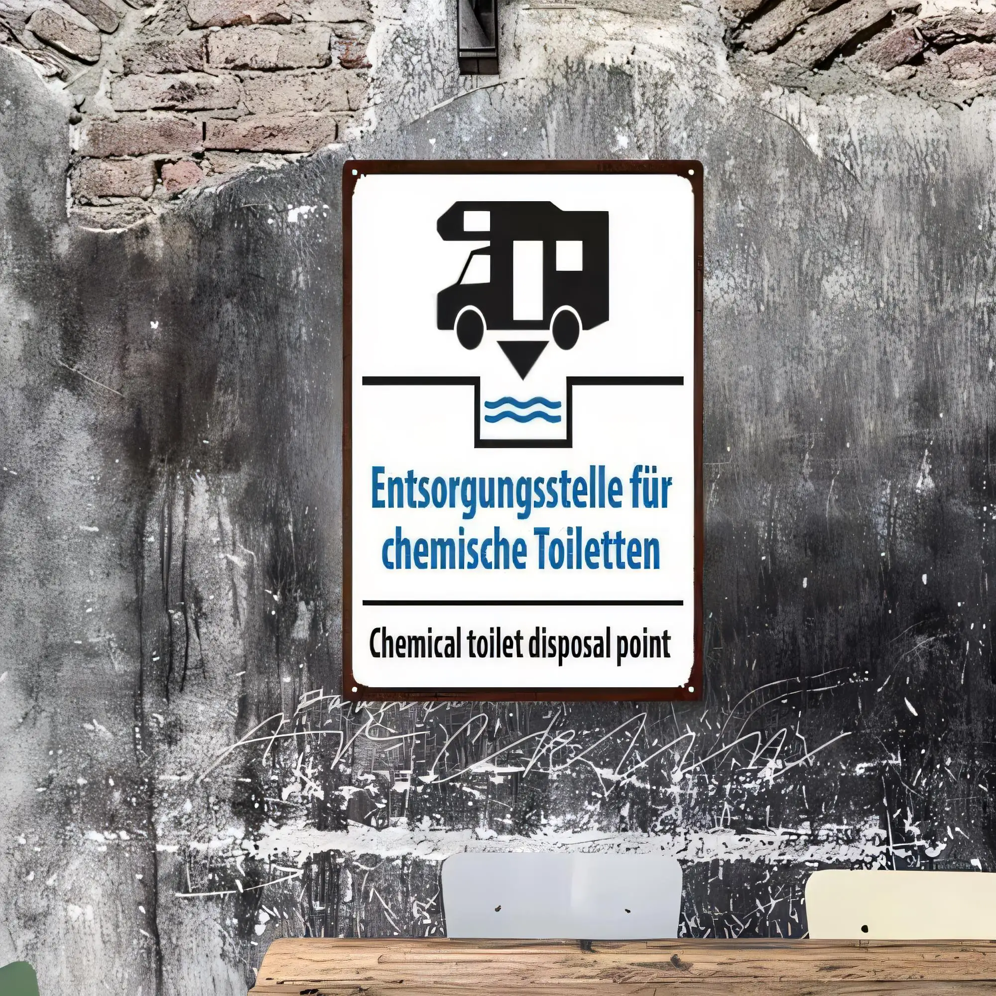 Tin Sign Chemical Toilet Disposal Point Warning Truck Icon Metal Plaque, Retro Industrial Bathroom Wall Decor for Caravan Camper