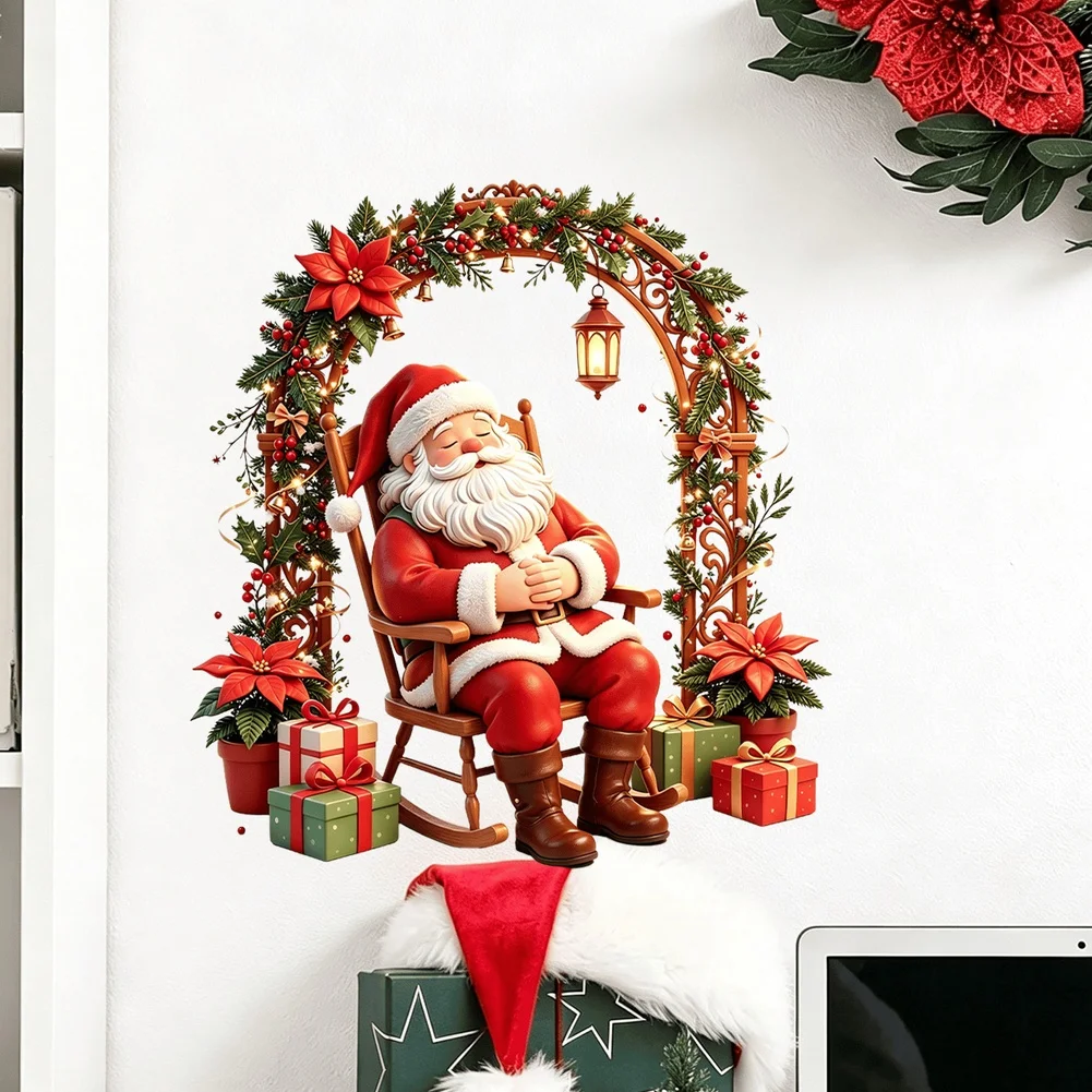 Santa Sleeping Under Rocking Chair Arch PVC Wall Sticker for Indoor Holiday Decoration on Tiles Mirrors and Doors