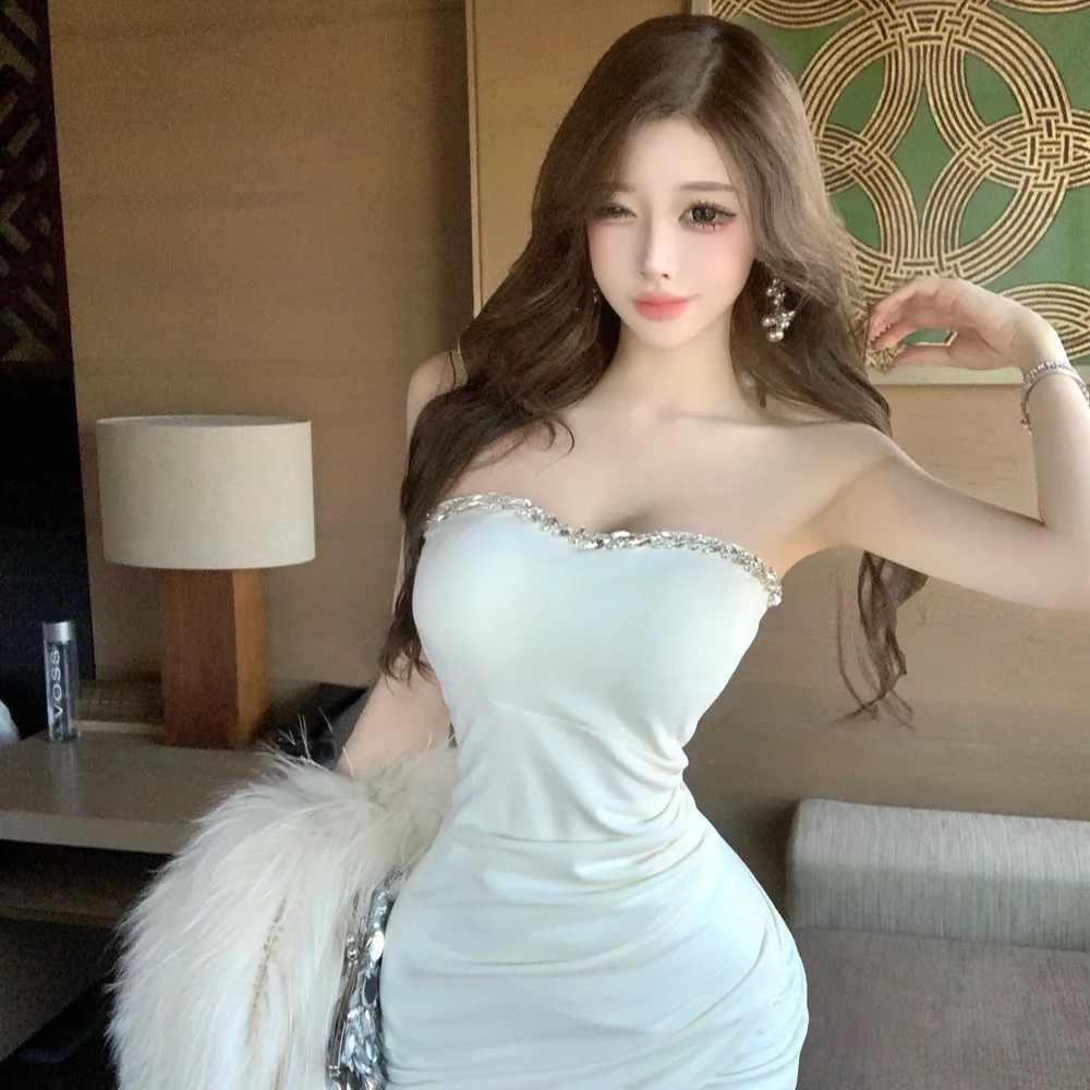 

Sexy Hollow out Diamond Embedded Tube Top Slimming Wrap Dr for Young Women Autumn Winter High Waist Skirt Sle Casual Wear