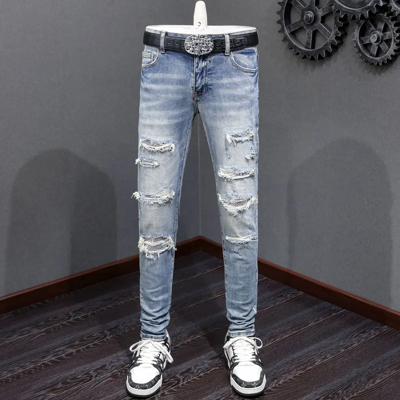 Y2K designer high street fashion new jeans washed with water nostalgic perforated patch light blue jeans high street hip-hop bra