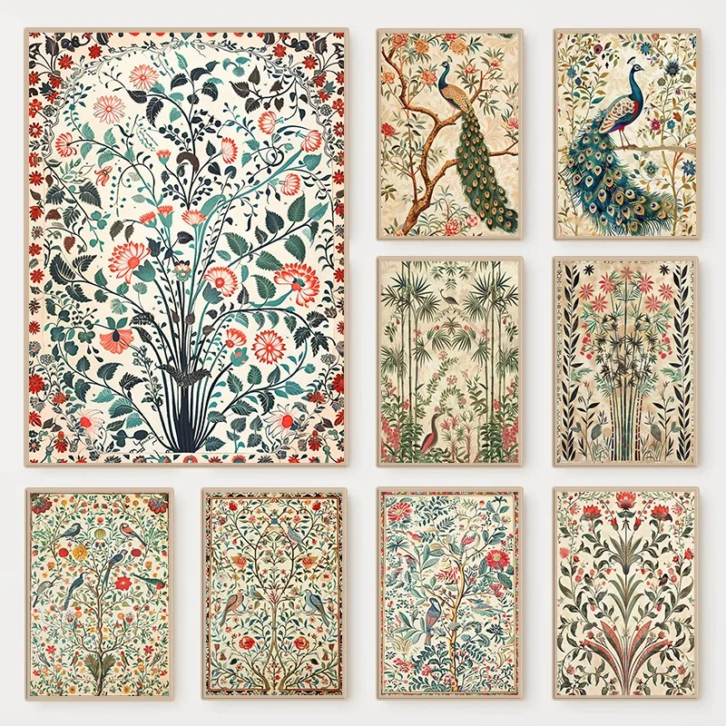 1pc frameless Indian Colourful Floral Bamboo Poster Traditional Botanical and Bird Illustration Canvas Painting Wall Art for