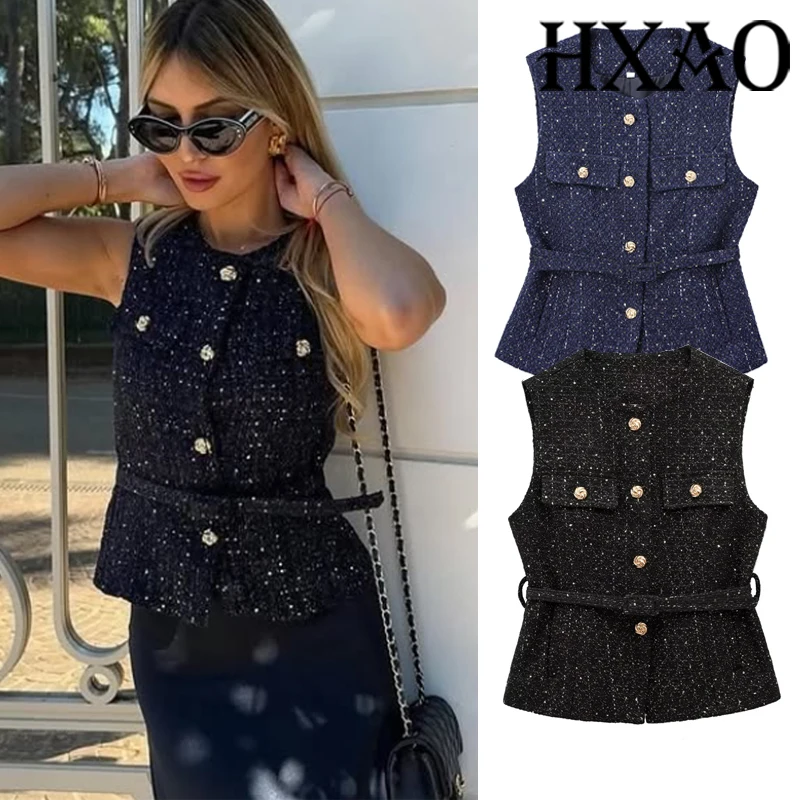 

HXAO 2025 Women's Vests Jacket Cropped Sleeveless Vest Woman Button Jacket Spring Summer Black Blue Vest Casual Coats Suit Vest