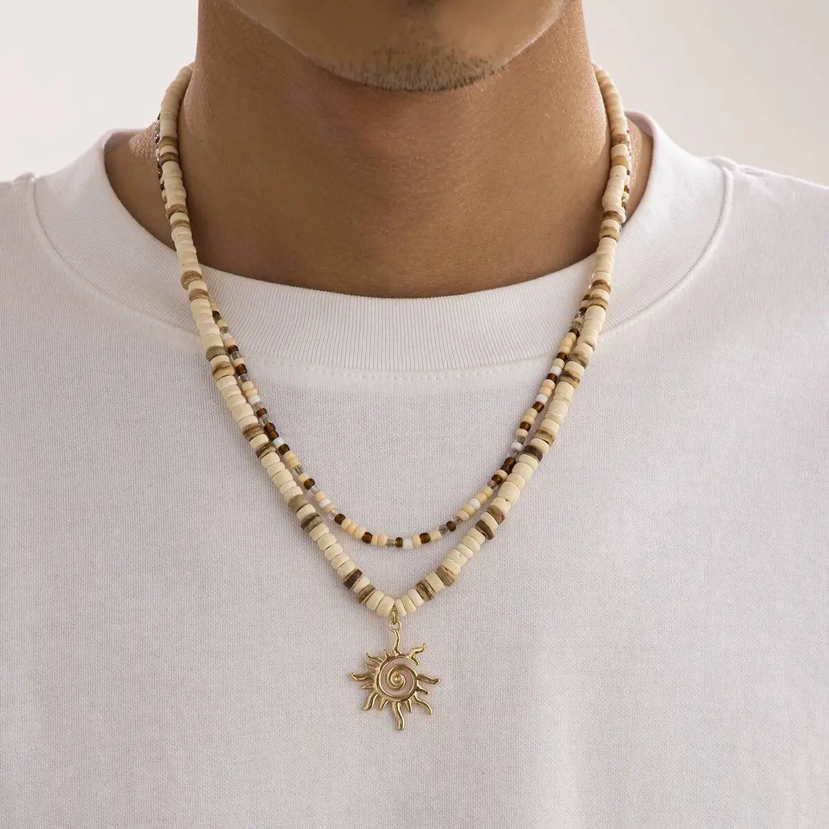 Lacteo خمر العرقية الشمس رمز قلادة قلادة للرجال الاتجاه الإبداعية قشر جوز الهند الخرز الخشبي المختنق قلادة المجوهرات اليومية #2