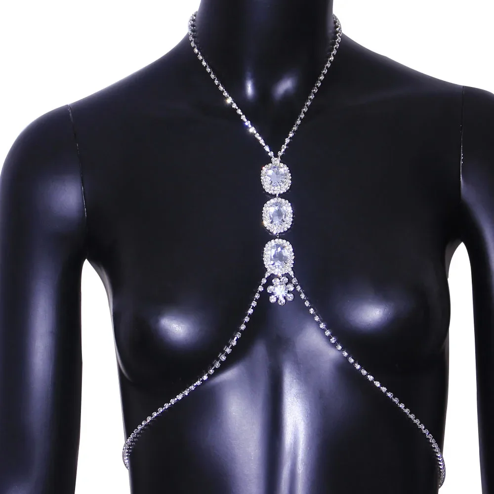 Shine Square Crystal Chest Chain Necklace Harness for Women Festival Sexy Bikini Rhinestone Bra Chain Underwear Jewelry Gift