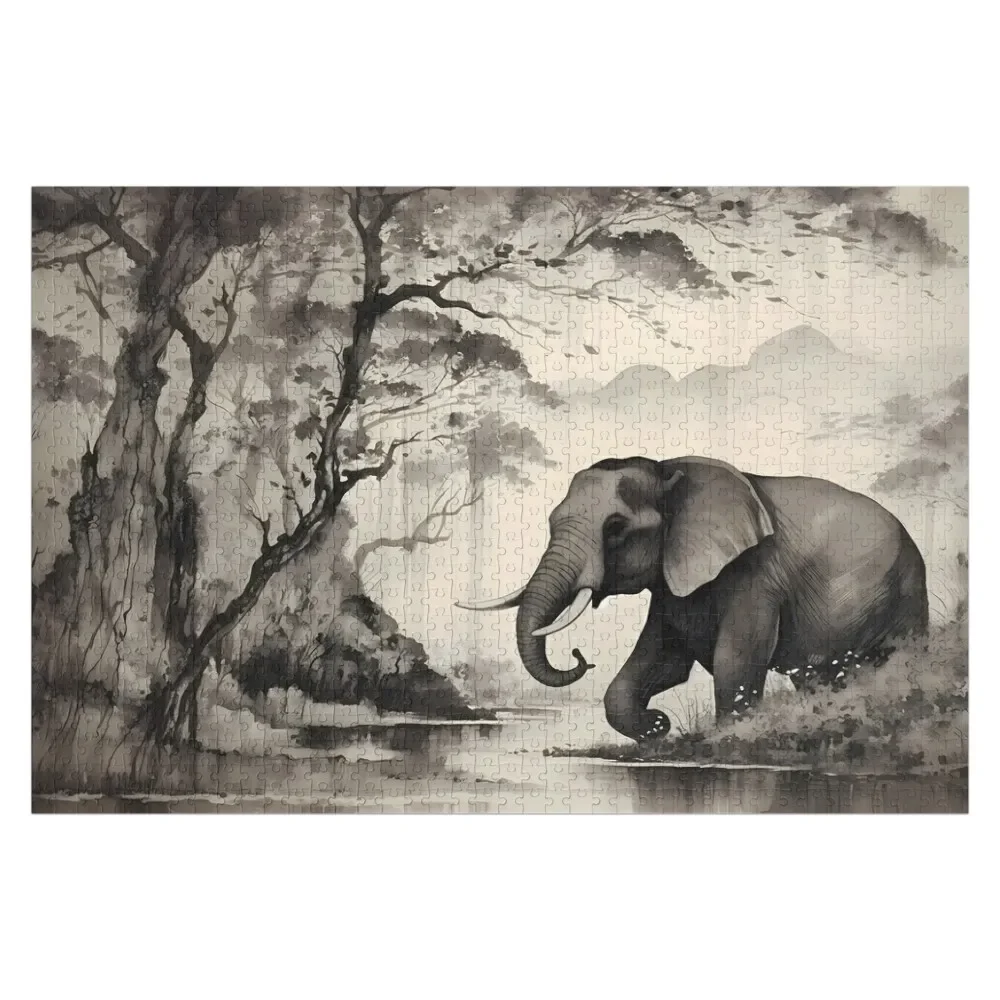 

African elephant crossing a wetland in grayscale Jigsaw Puzzle Personalized Wooden Name Custom Gift Diorama Accessories Puzzle