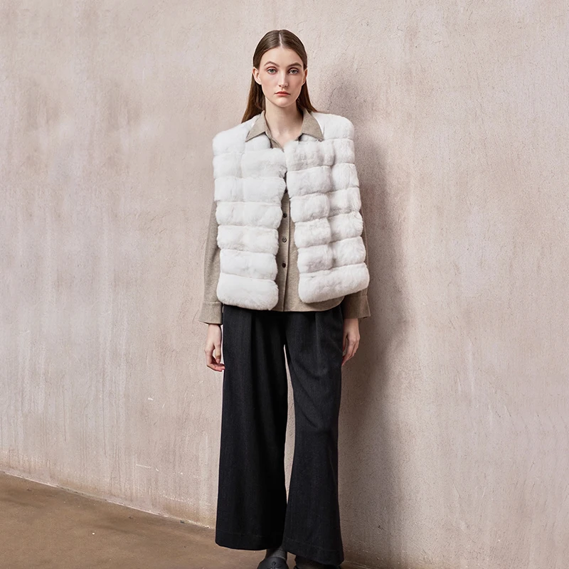Ftangaiur Zimowy Import Czysta Biel Cyjanowy Niebieski Płaszcz Kamizelka z Szynszilli Damski Elegancki Krótki Kamizelka z Szynszilli w Naturalnym Kolorze z Dekoltem O-Neck
