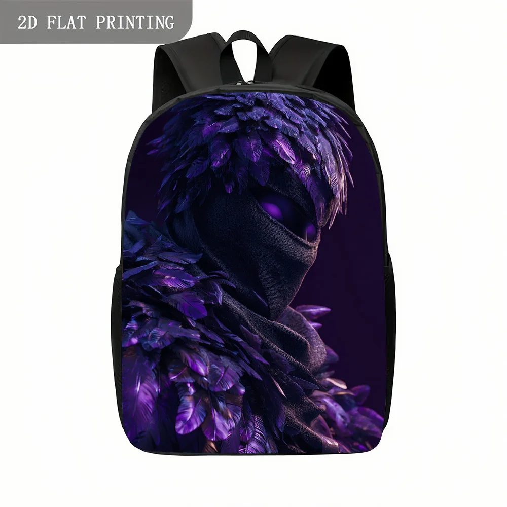 

A dark mysterious doll, purple fluorescent eyes, feather cape, detailed texture, breathable design, suitable for backpacking