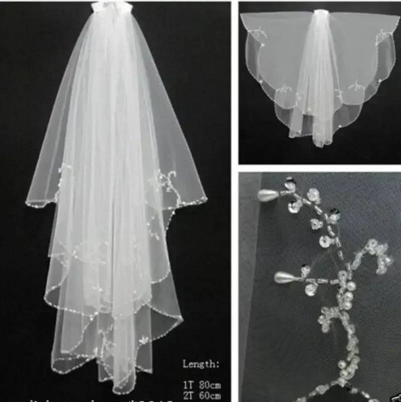 White Ivory Bridal Veils Two Layer Beaded Wedding Veil Comb  Voile De Mariée Фата Для Невесты