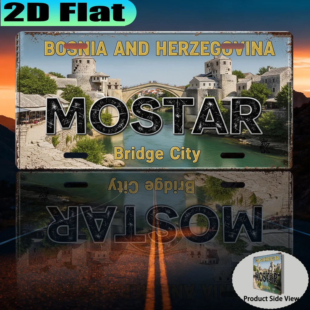 2D Flat Plat Vintage Mostar Bridge Aluminum License Plate, Urban Vintage Style, Wall Decoration For Living Room,Office