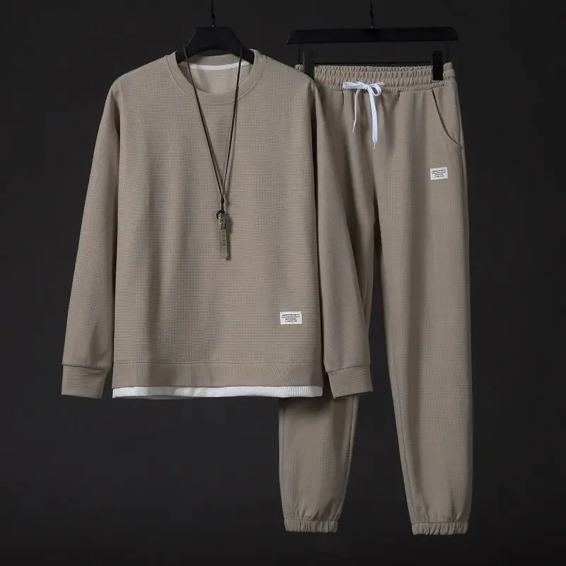 

New Waffle Men's Spring and Autumn Trendy Casual Sports Versatile Long Sleeve Sweatshirt Trousers Suit