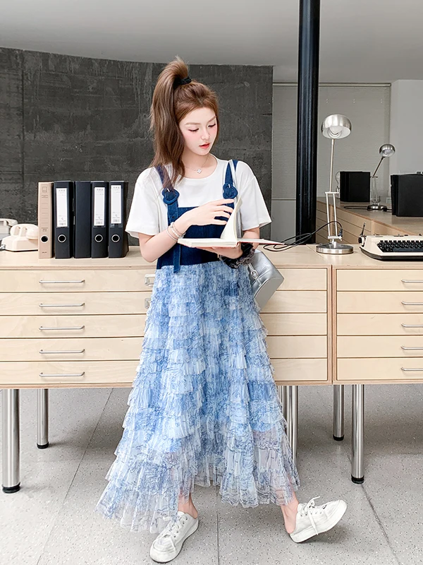 Vestido Longo de Verão F em Jeans Azul com Patchwork Floral, Design de Saia em Camadas, Estilo Coreano, Vestido Solto ...