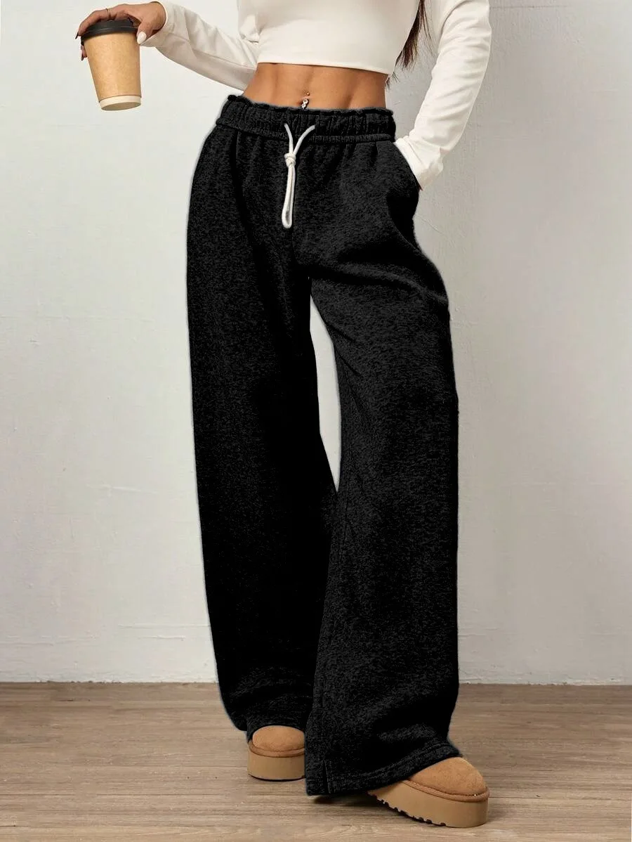 Autumn and Winter Casual Loose Sweatpants, Wide-leg Long Pants, Women's Straight-leg Drawstring Pocket Pants for Women