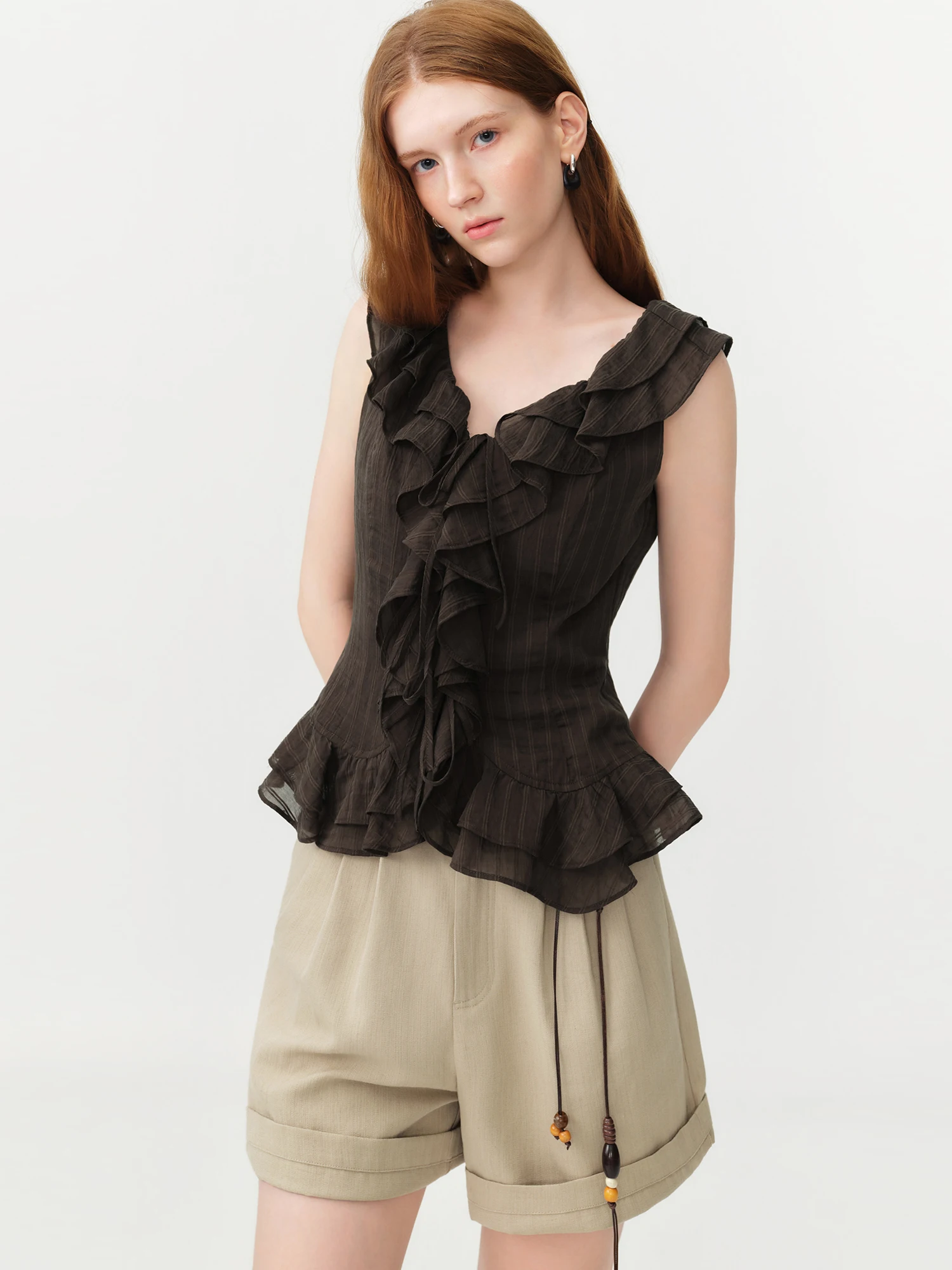 FSLE Retro Ruffled Tie-Waist Sleeveless Fitted Waist Shirt Women's 2026 Summer New Top Korean Style Sweet Girls Silk