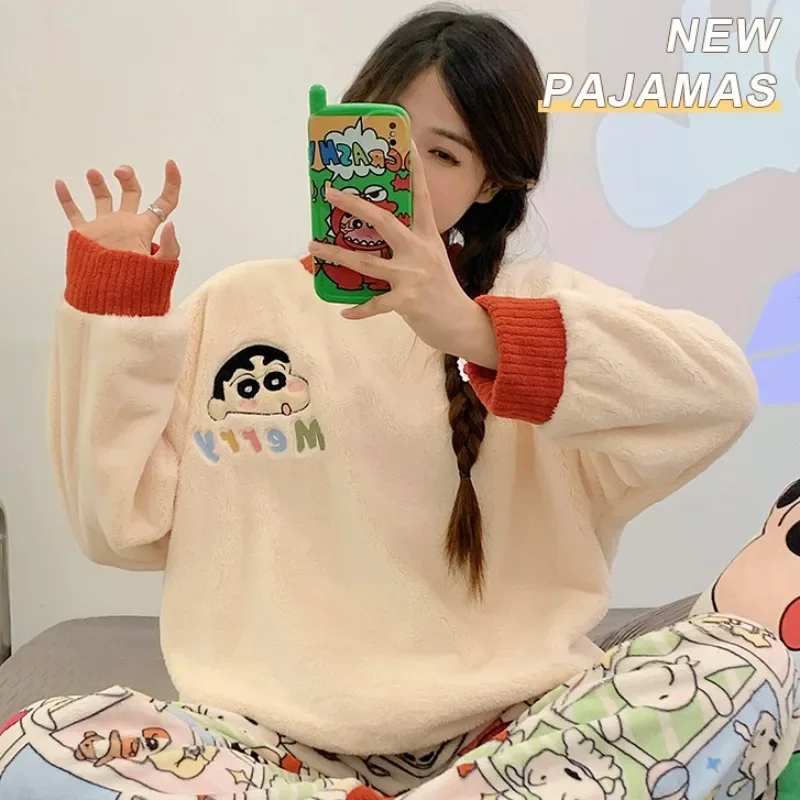 Crayon Shin-chan Pajama Set Women Winter Flannel Round Neck Long Sleeve Cartoon Warmth Pants Sleepwear Casual Comfort Loungewear