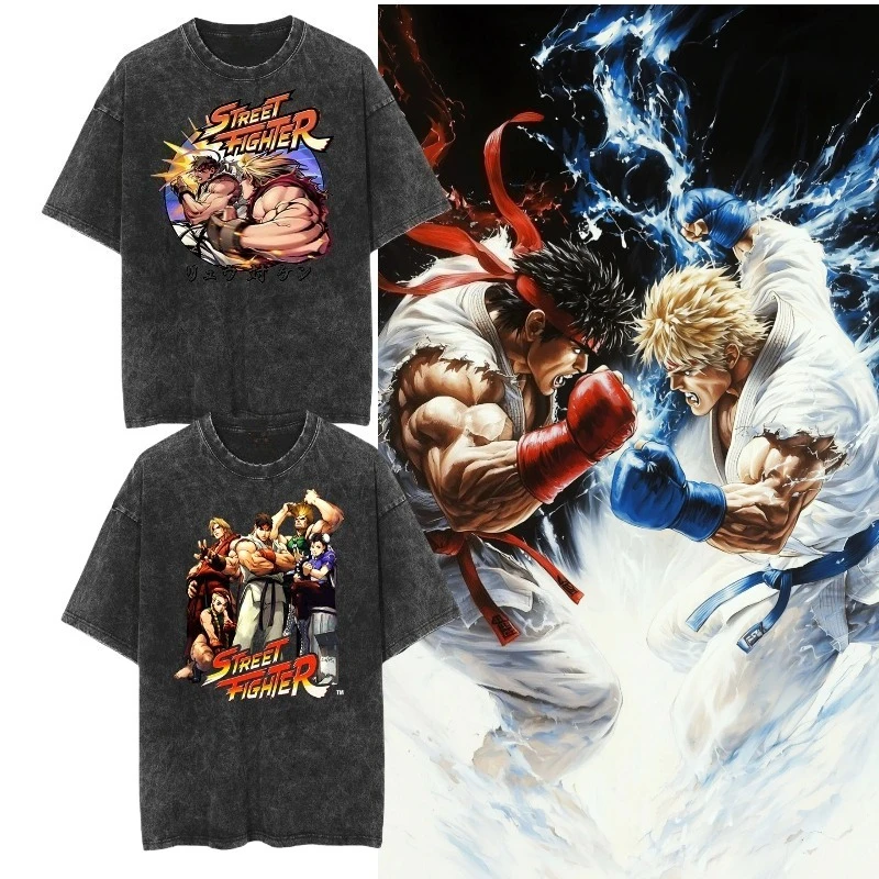 

Street Fighter Street Fighter японский горячий крови аниме старый потертый ретро батик аркадный принт свободная повседневная футболка