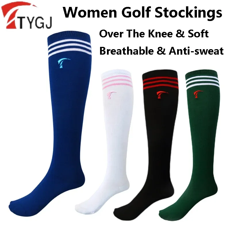 

TTYGJ Women Over The Knee Golf Stocking Ladies Breathable Stripe Long Socks Girls Elastic Anti-sweat Sport Stocking Training