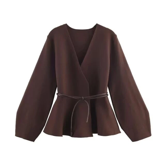 

2026 Spring New Women's Clothing Style Simple and Casual with Belt V-neck Long sleeved Knitted Coat European and American