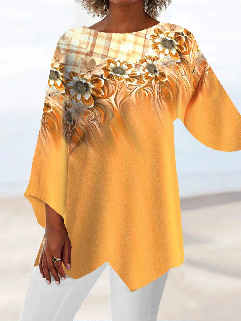 Plus Size Women Asymmetrical 3/4 Sleeve Scoop Neck Printed Stitching Tops