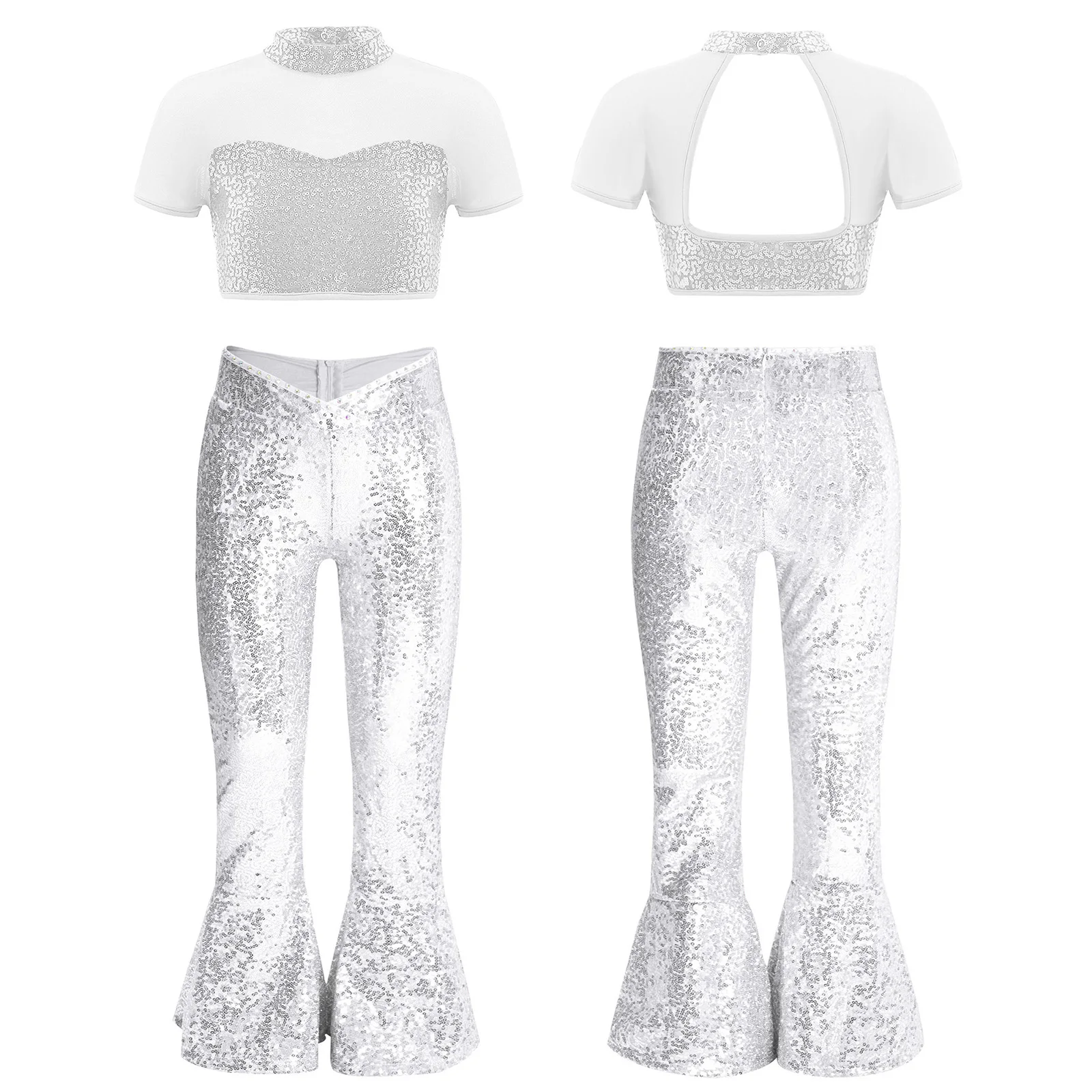 أطفال بنات لامعة الترتر الجاز الرقص الزي قصيرة الأكمام شبكة انقطاع المحاصيل الأعلى مع سستة جرس أسفل السراويل الرقص الحديث زي