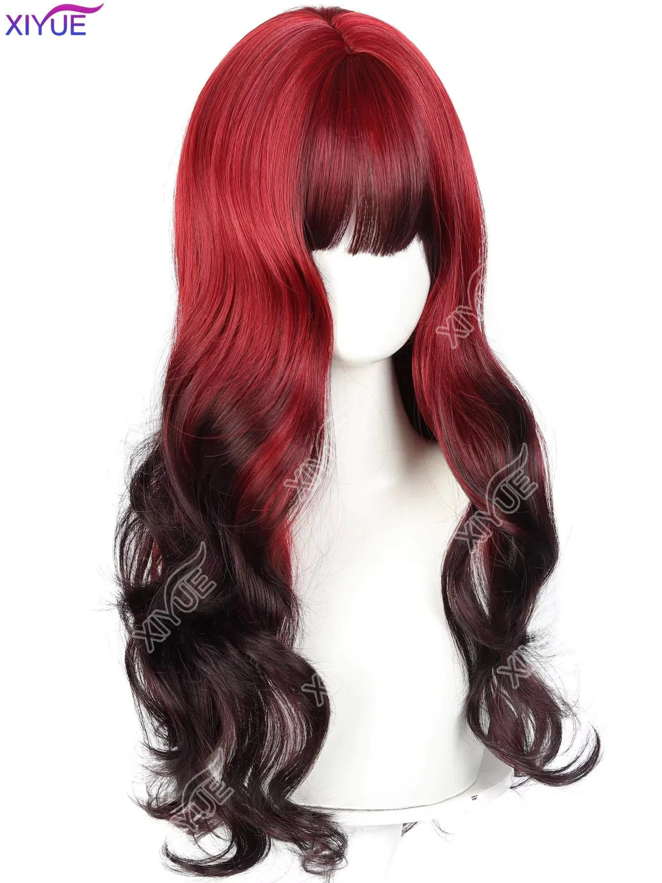 XIYUE Blood Red Black Long Wavy Synthetic Wig with Bangs Gothic Bride Halloween Costume Wig Heat Resistant Cosplay Hair Party by