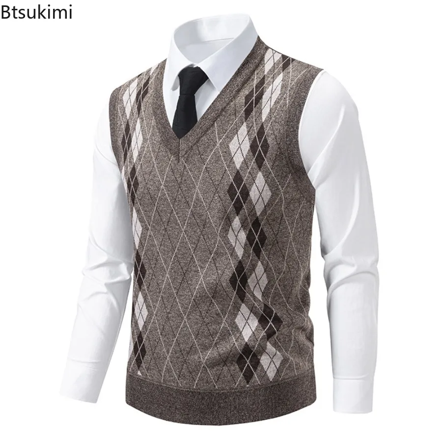 New Fashion Men's Knitted Pullover Vest Business Casual V Neck Sweater Vest Autumn Winter Knit Warm Slim Waistcoats Men Clothing