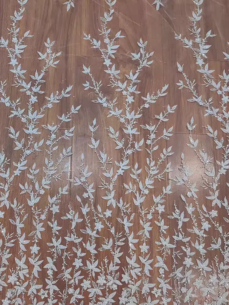 New Style Beaded Lace Fabric Delicate Leaves With Sequins Pearls High Quality Lace for Wedding Dress