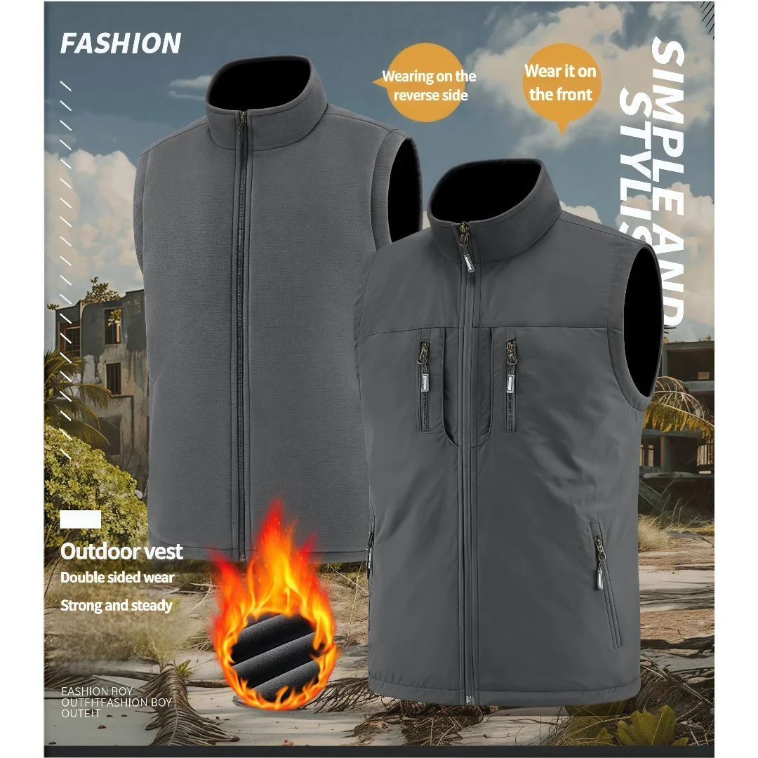

Outdoor Sports Fleece Vest Men's Casual Thick Warm Double-Sided Sleeveless Jacket Winter Photography Fishing Multi-Pocket Vest