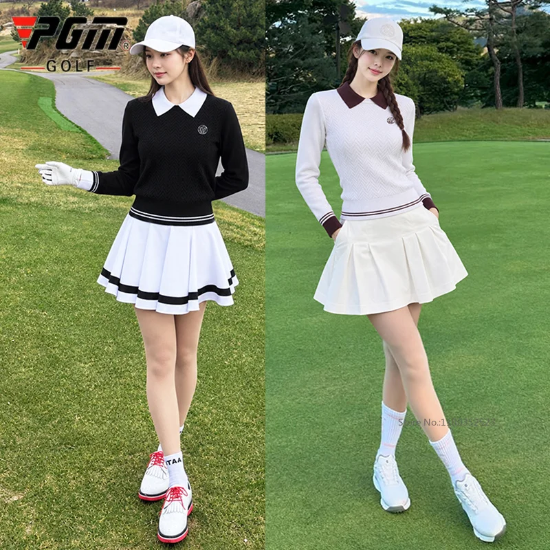 PGM Preppy Style Women Golf Sweater Slim Polo Collar Pullover Ladies Long Sleeve Knitted Sports Shirts Korean Style Autumn Top