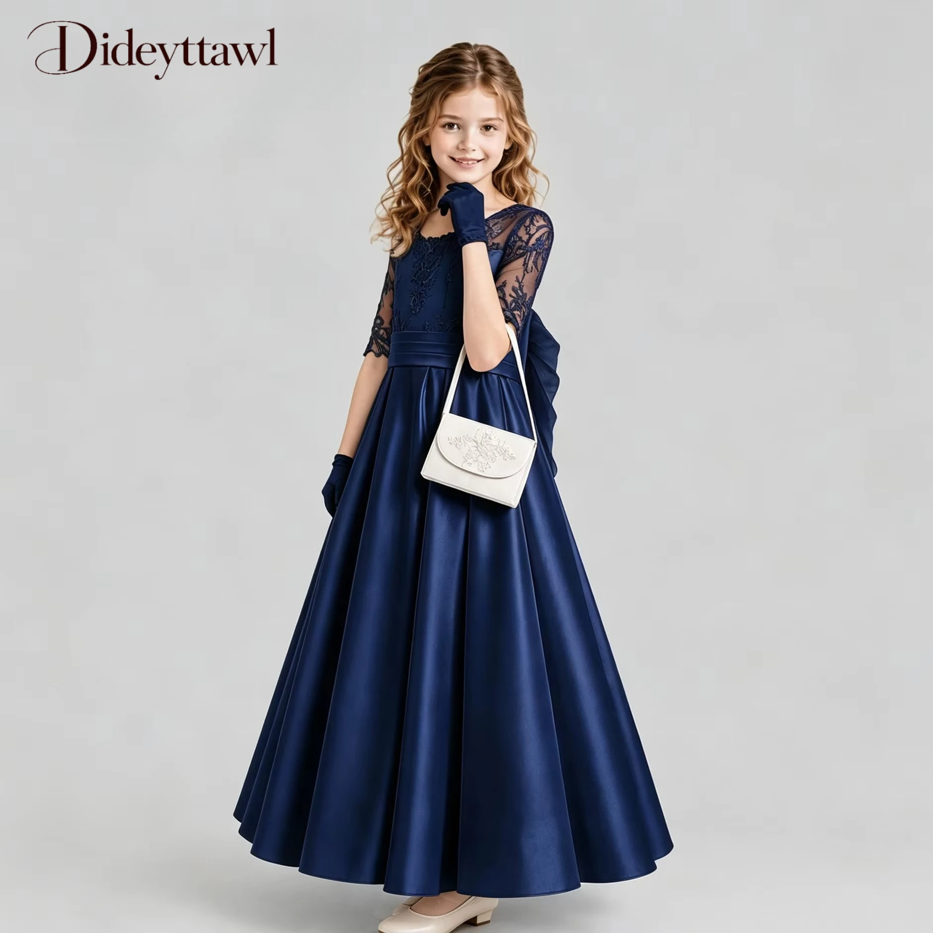Dideyttawl Lace Satin Formal Dress Half Sleeve Appliques Bow Back Floor Length Flower Girl Wedding Party Gown Multiple Colors