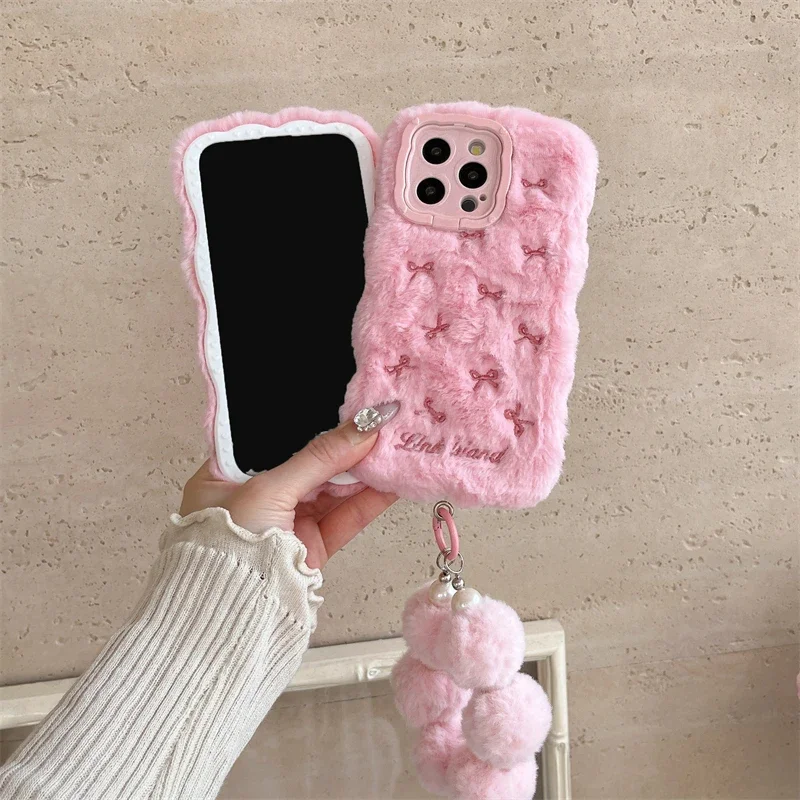 Plush Embroidered Pink Bow Camera Lens Phone Case for Huawei Mate 60 Pro Mate 50 40 30 Pro Fluffy Hairy Soft Back Cover Case