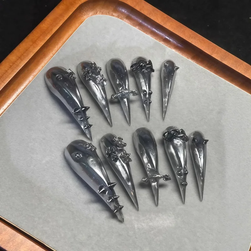 10PCS Gothic Gray Glitter Stiletto Press On Nails Extra Long Sharp False Nails Cross Rivet Bow Decor Punk Handmade Fake Nail Set