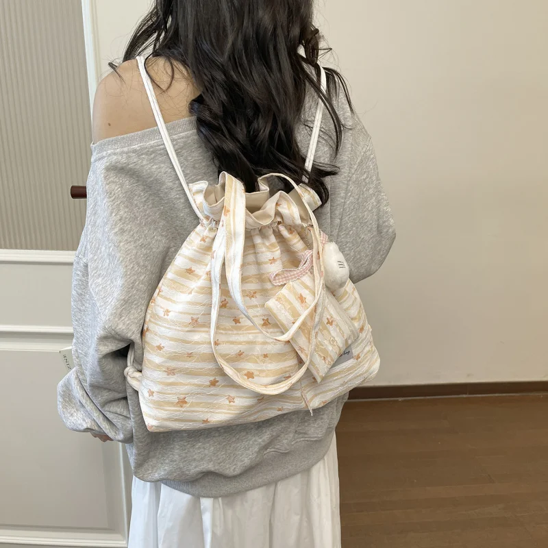 Striped drawstring backpack, large-capacity commuter backpack, casual versatile drawstring canvas bag, single-shoulder tote bag
