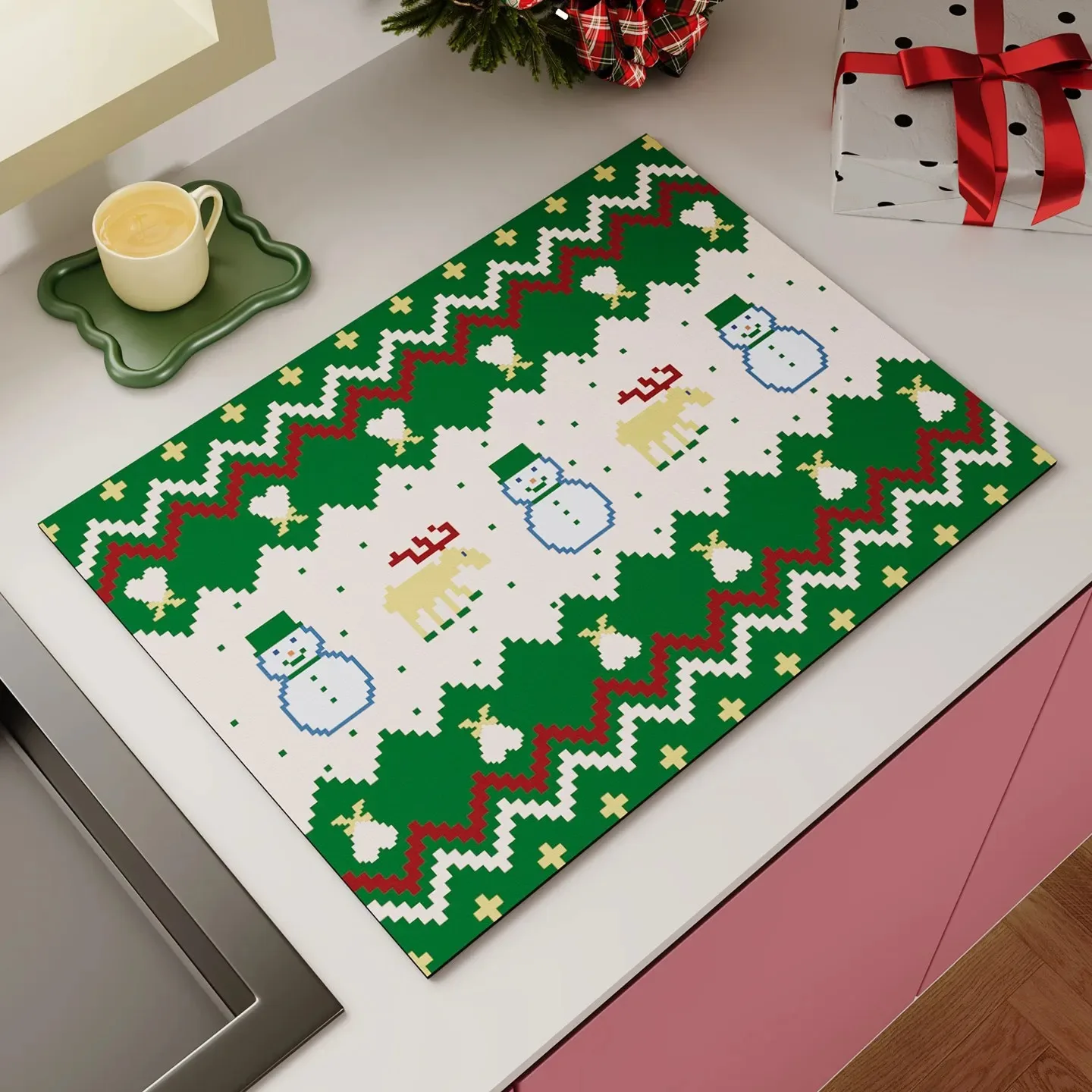 Christmas Snowman Elk Kitchen Counter Drying Mat Water Absorption Non-Slip Heat Resistant Dish Drain Pad Holiday Kitchen Decor