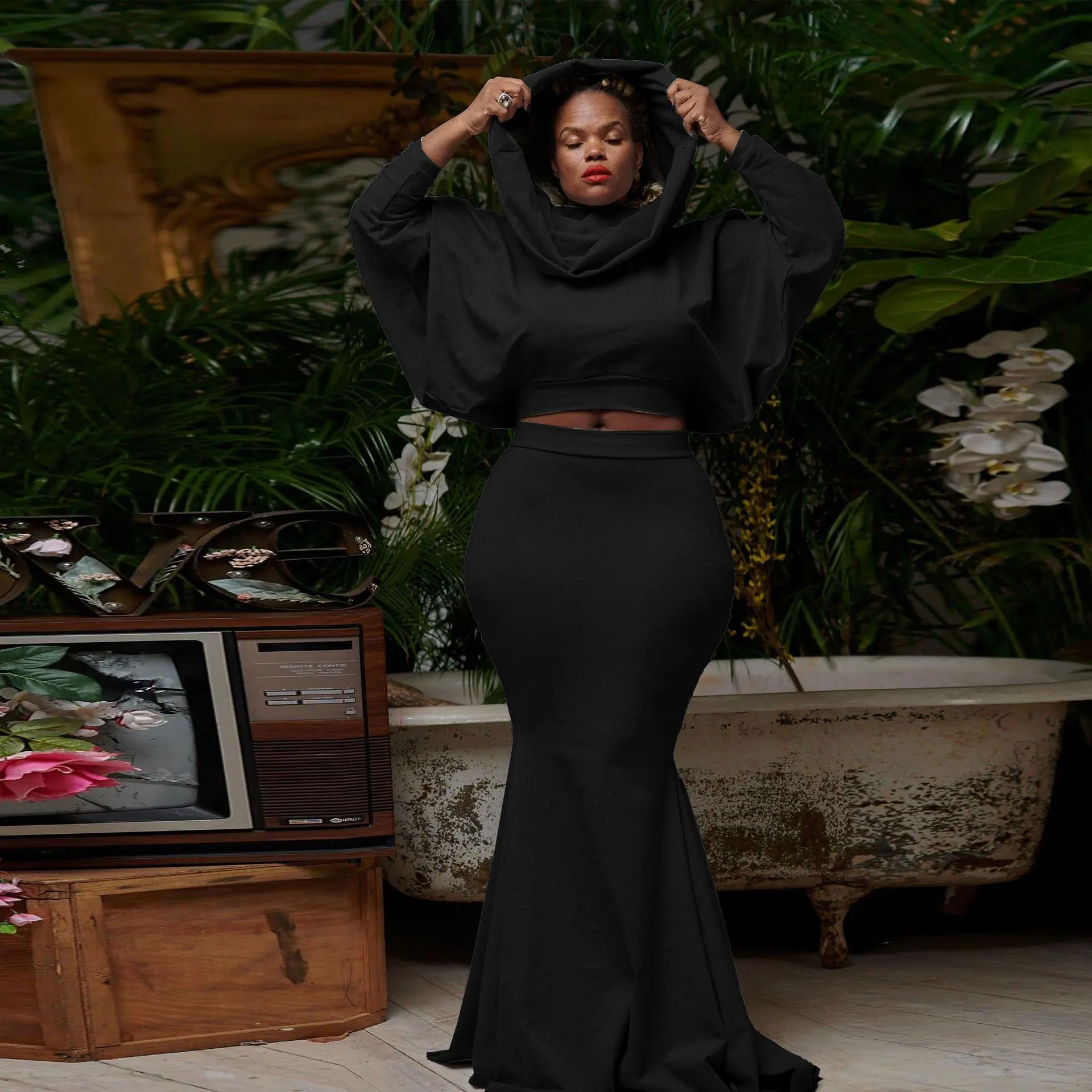 Sexy High Waist Mermaid Maxi Skirt Sets Women 2 Piece Outfits Batwing Long Sleeve Pullover Hooded Shirt 2023 Fashion Streetwear