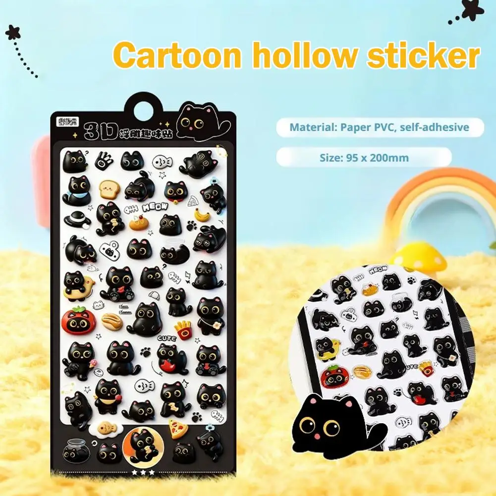 4pcs 3D Cute Cartoon Puffy Stickers Black Cat & Funny Expressions Relief Stickers For Scrapbooking, Journals and Craft Stickers view 3