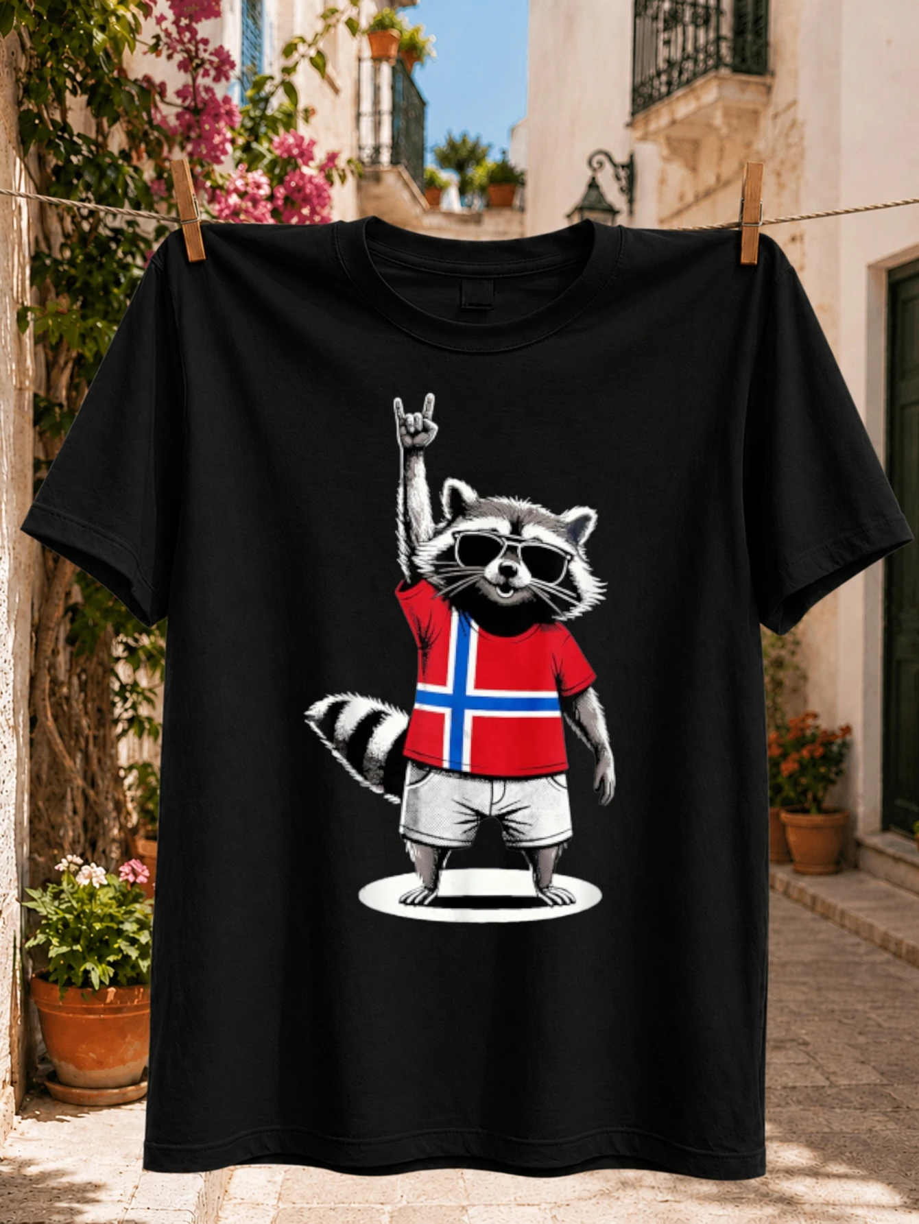 Norway Rock Raccoon Graphic cool raccoon in and Norwegian Fl-ag shirt raising a rock hand sign  Unisex All T-Shirt