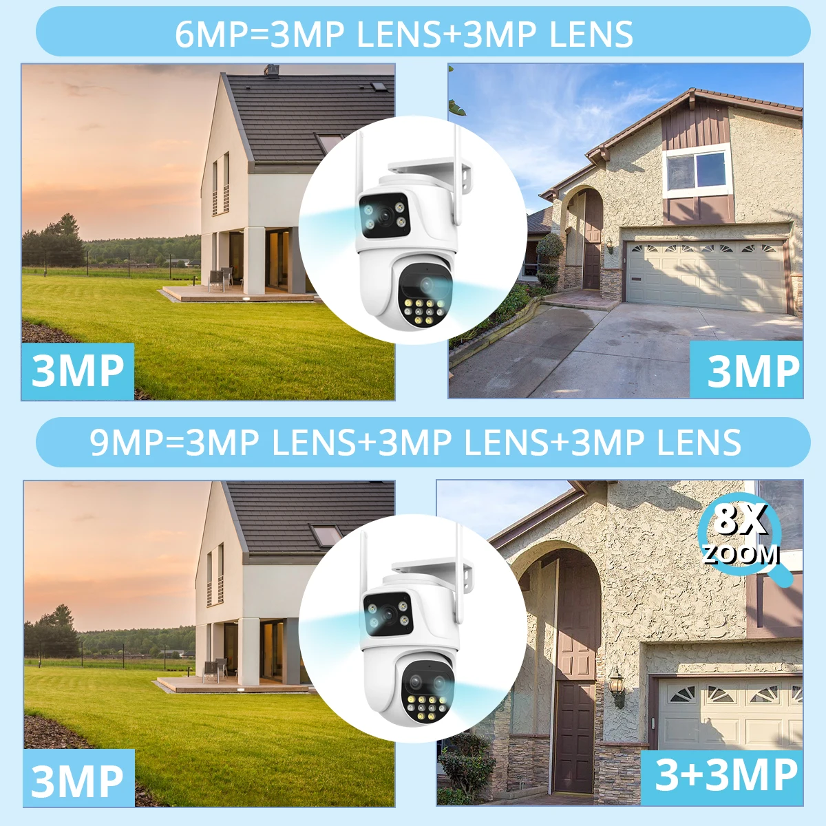 9MP WIFI IP Camera Three Lens Dual Screen With 8X Zoom 6MP PTZ Camera AI Auto Tracking Security Video Surveillance Camera ICSee