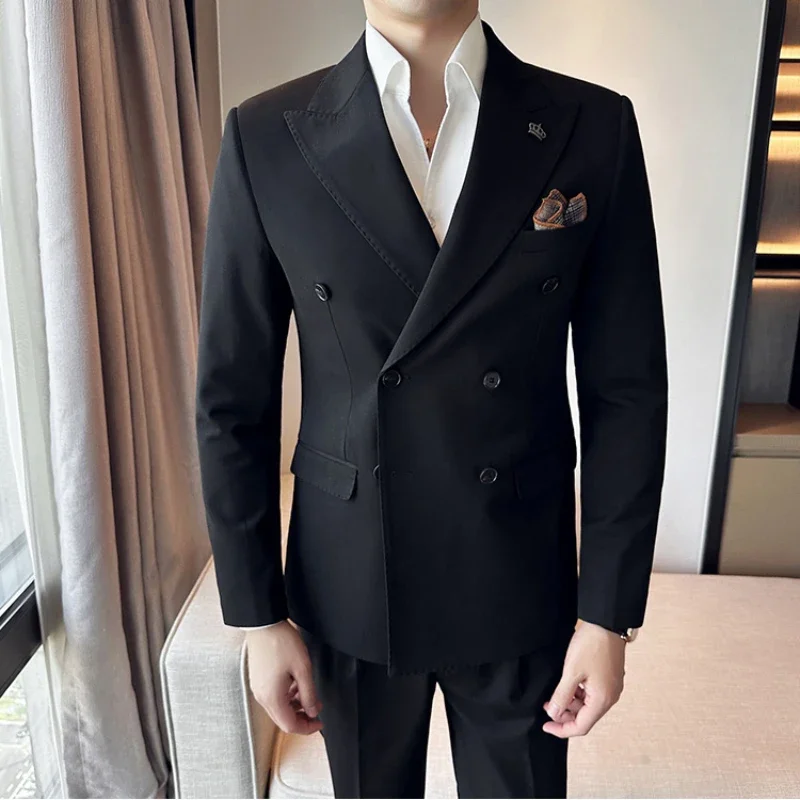 (Jacket+Pant) Fashion Double Breasted Design Men\'s Slim Fit Suits High Quality Italian Style Wedding Social Tuxedo Men Clothing