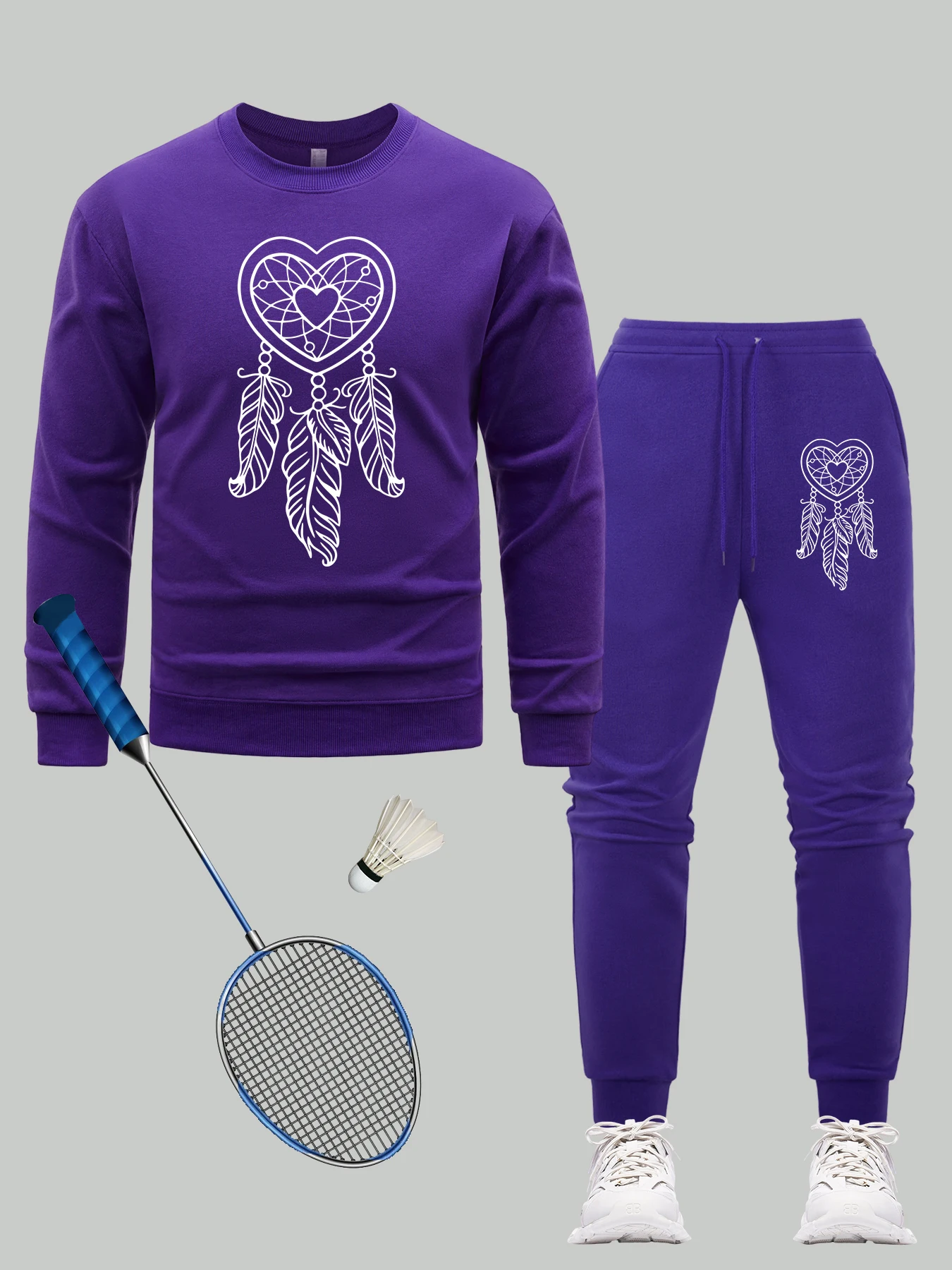 

Love Catching Dreams Net Print Men Pullovers Autumn Casual Sweatshirt Set Fashion All-Match Jogging Pants Fleece Clothes