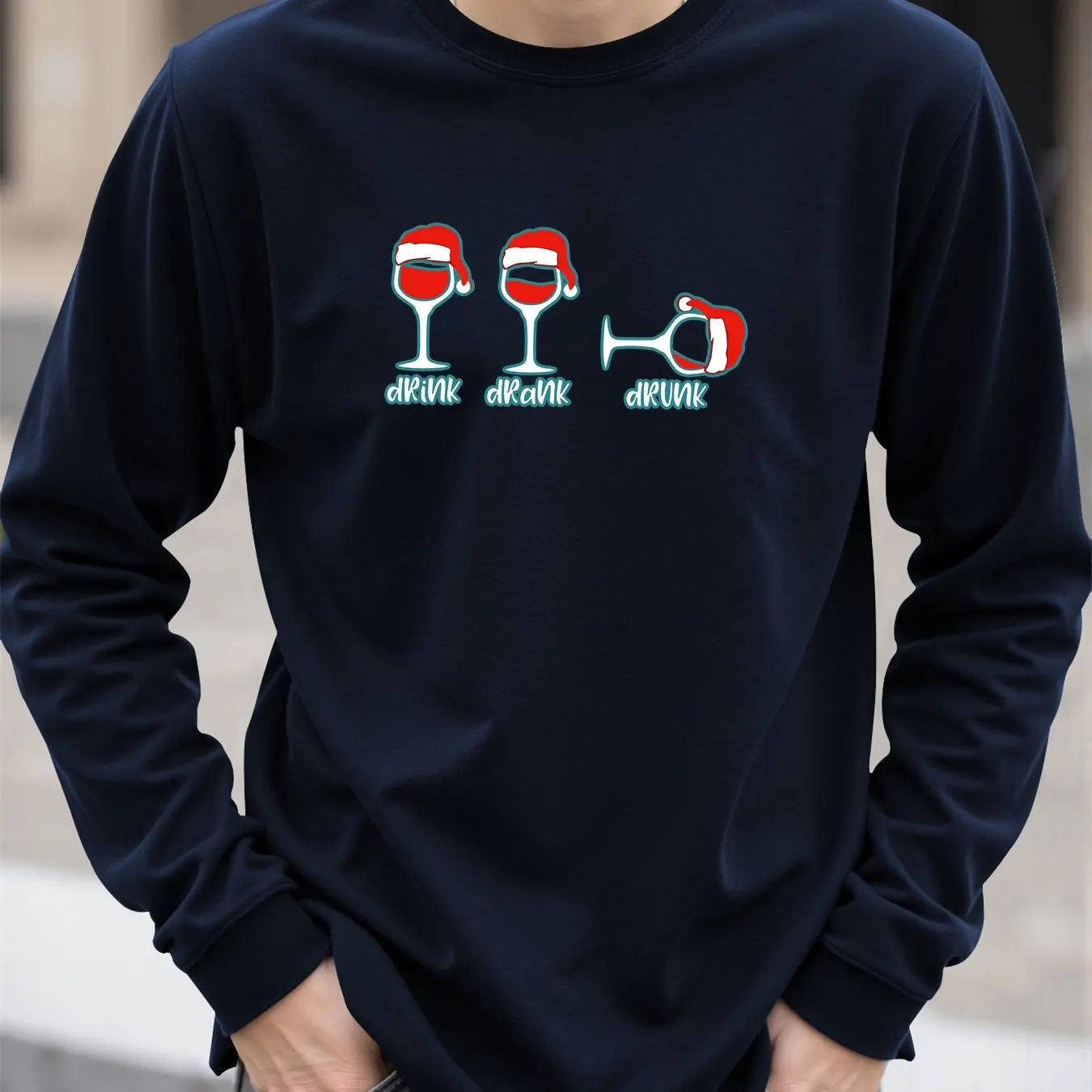 Weihnachten Wein Glas Druck männer T-shirt Frühling Herbst Casual Oansatz Lose Langarm Tops Mode Neue Jahr X'mas Kleidung Tees