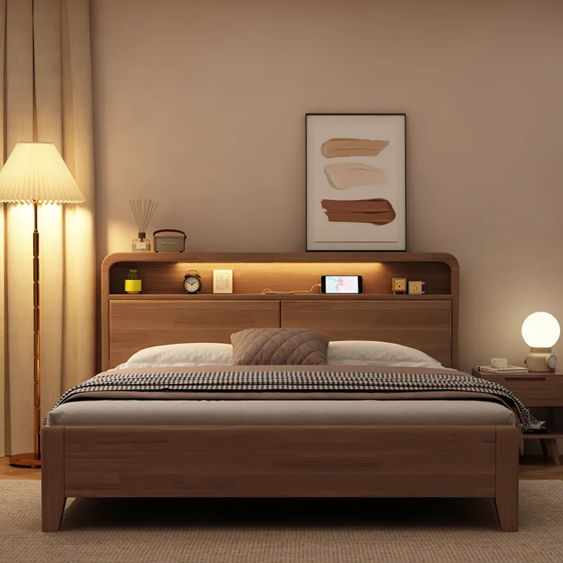 سرير جلدي أرضي، غرفة نوم أوروبية بسيطة، سرير مزدوج بحجم كينج، تصميم نوم، أثاث خشبي موفر للمساحة، أثاث عصري #3