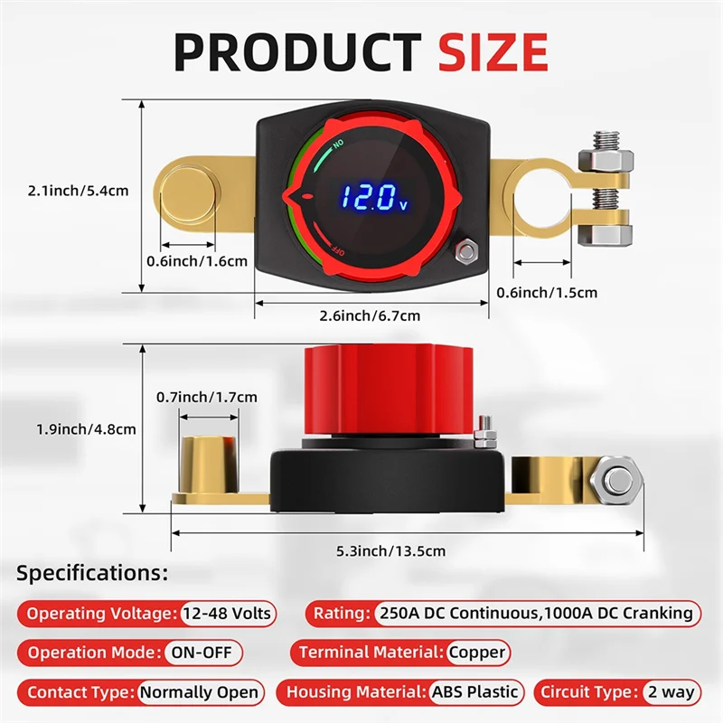 Zestaw złącz akumulatora samochodowego ABZC-Brass 12V-48V, mocowane na górze, z włącznikiem/wyłącznikiem, woltomierzem, zasilaniem i połączeniami ujemnym i dodatnim.