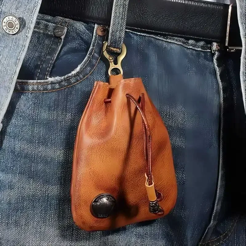 

Simple cowhide retro storage bag Cowhide plant tanned leather vintage men's mini card bag Cowhide vintage drawstring coin purse