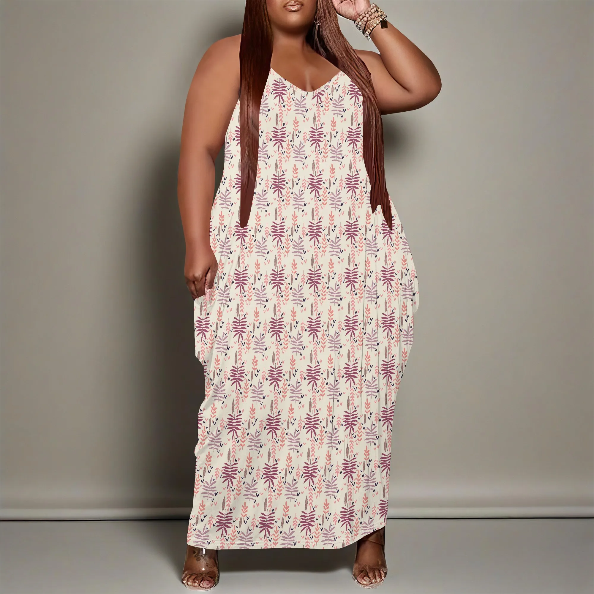 Women Plus Size Dress Floral Print Loose Halter Long Dress with Pocket Breathable Country XL-6XL