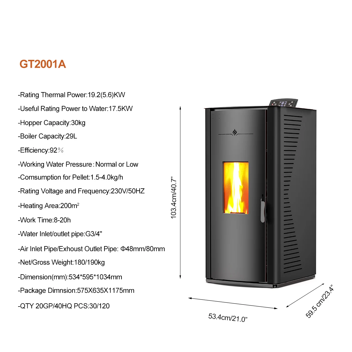 20KW Indoor Freestanding  Heating Fireplace Pellet Boiler Hydro Pellet Stove With WIFI Control Panel