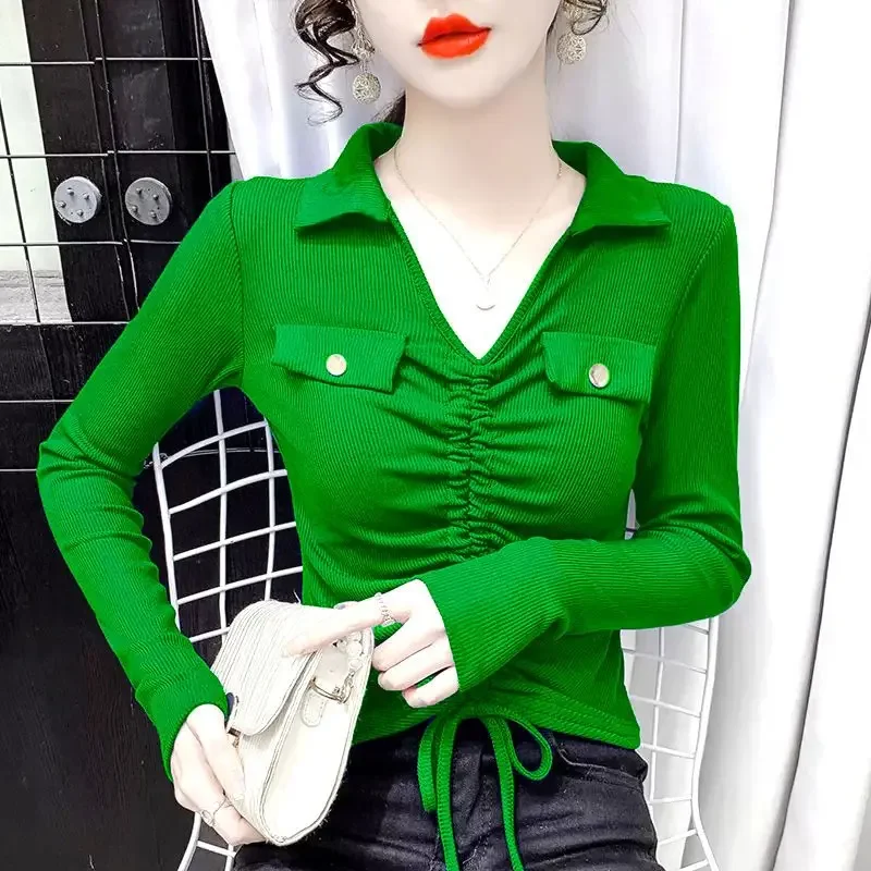 

V-Neck Solid Color Knitted Shirring Blouses Women Clothing 2024 Autumn Winter Loose Korean Pullovers Office Lady Shirts F184