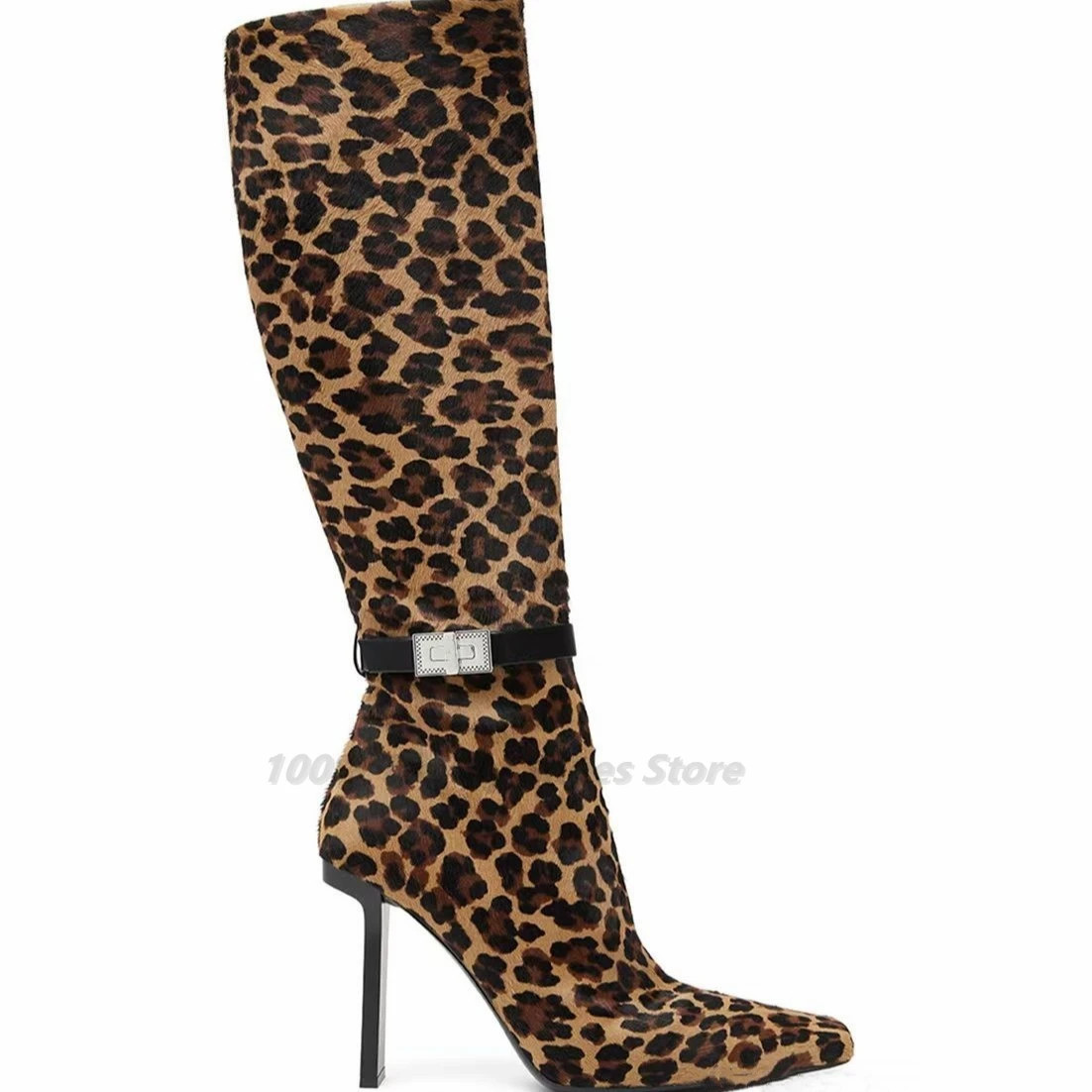 European and American Thick Heel Square Metal Buckle with Decorative Side Zipper Leopard Print Knee Length Knight Women's Boots